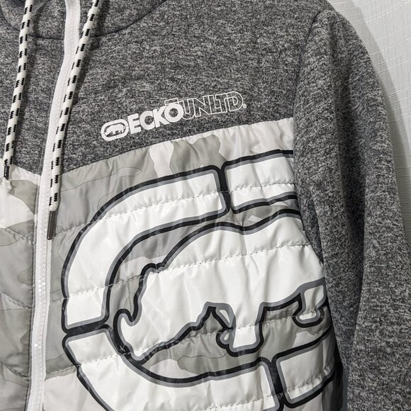 Mens Ecko Unltd Camo Quilted Zip-Up Hooded Jacket Size Small Gray - Picture 3 of 9